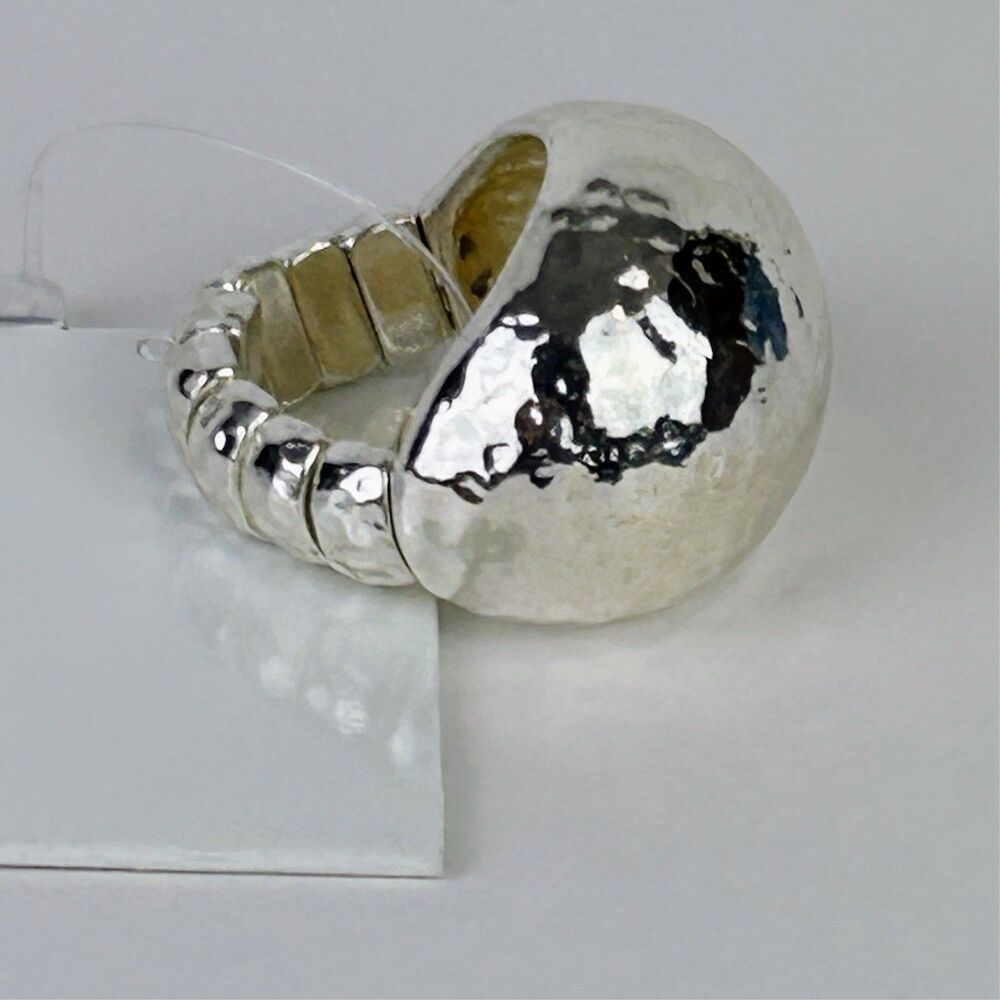 Chico's Hammered Metal Dome Ring Silver Adjustable Stretch Large Statement sz 8
